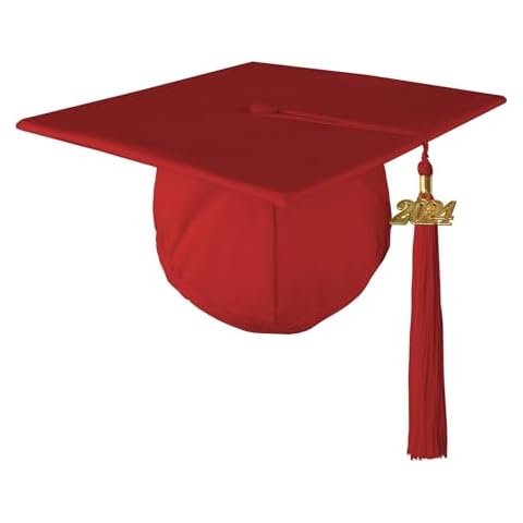 Class Act Graduation Adult Unisex Matte Mortarboard Graduation Cap with Matching Gold Charm Tassel, Red Cover