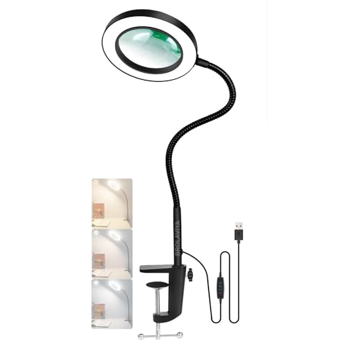 Image of BROLAVIYA Overhead 5X Magnifying Glass with Led Light and Stand, 3 Color Modes Dimmable, Flexible Hose Metal Arm, Magnifier Desk Lamp for Crafts, Makeup, Reading, Photography - Black