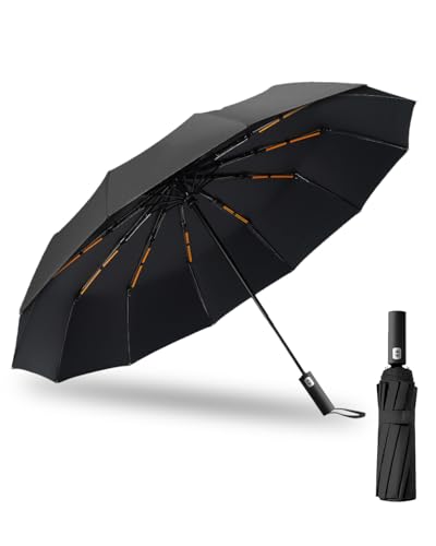 Zumhigh 12K Double Ribs Compact Windproof Travel Umbrella, Automatic Open Close Folding Umbrellas for Strong Wind and Rain, Black Portable Compact Umbrella for Men Women, Commuting and Travel