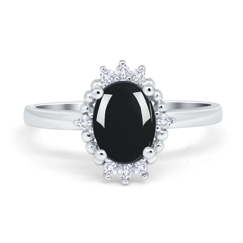 OMRANII Art Deco Oval Natural Black Onyx Beaded Vintage Style CZ Wedding Engagement Rings For Women 925 Sterling Silver Gifts For Her