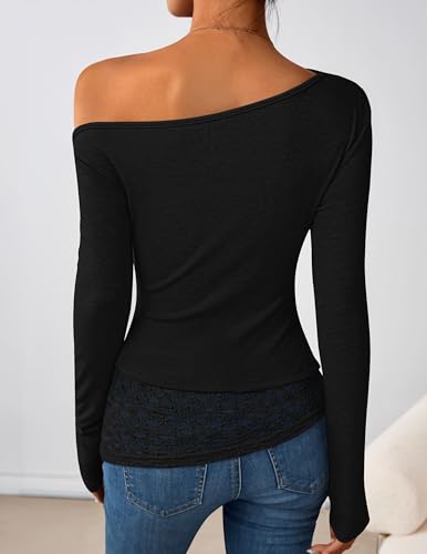 ZESICA Women's Long Sleeve Off Shoulder Tops Fall 2025 Casual Boat Neck Lace Slim Fit Going Out Y2k Shirts Blouses3