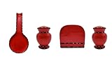 ACK Hand Painted Ceramic Ruffle Red 4PCs Table/Stove Top Set, Pepper and Salt Shakers,Napkin Holder and Spoon Rest, Kitchen Décor