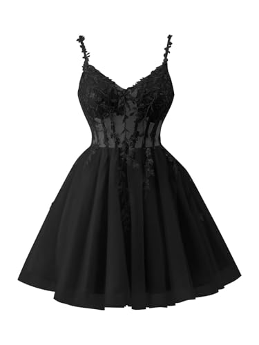 Verngo Tulle Lace Applique Homecoming Dresses for Teens Beaded Spaghetti Straps Mini Cocktail Party Prom Formal Dress