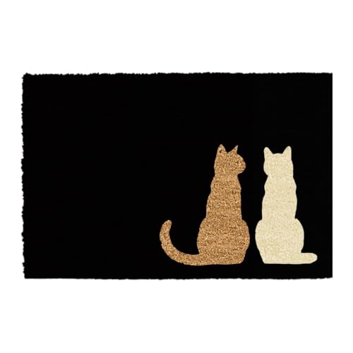 CKB LTD Paillasson fantaisie imprimé deux chats assis avant et arrière en fibre de coco antidérapante pour intérieur et extérieur (noir/blanc pâle)
