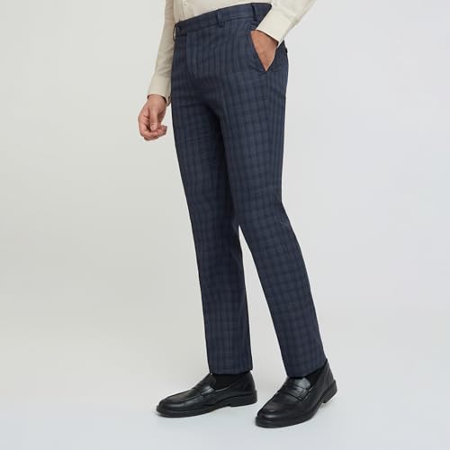Image of Raymond Men's Slim Fit Mid Rise Checks Pattern Poly Viscose Blend Pleatless Formal Trouser