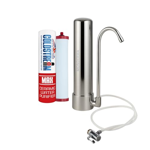 Monderma Filtre à Eau sur Comptoir, 1 cartouche filtrante CTO MAX coldstream, Inox 304, 33 cm x 7,5 cm, Capacité 3000L, Installation Robinet, Filtration sans Électricité