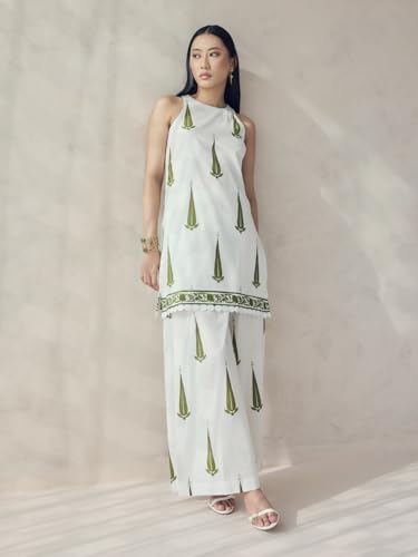 Image of FIORRA Women's Off-White Printed Cotton Sleeveless Kurta Set