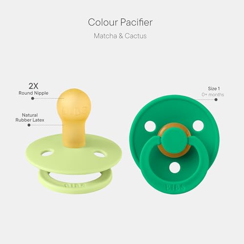 Image of BIBS Color Pacifier 2-Pack, BPA Free Pacifiers, Round Nipple. Natural Rubber Latex, Size 1 (0-6 Months), Matcha /Cactus