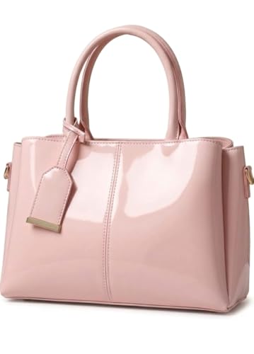 Image of Women's Top Handle Bag | Hand Held bag | Stylish Patent Synthetic Leather Handbag with Dual Handles & Detachable Sling Strap | Beige Shoulder Purse for Work & Casual Outings