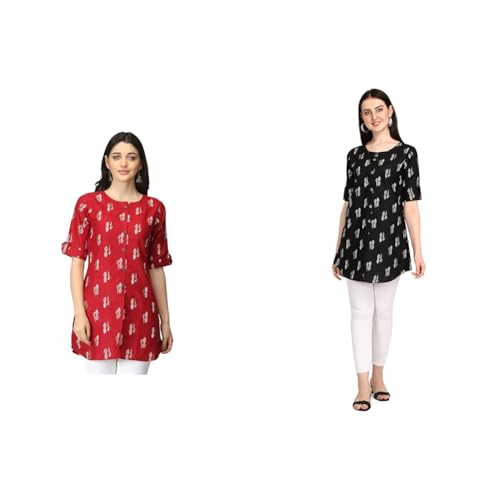 Image of Leriya Fashion Rayon Fabric Printed Round Neck Short Kurtis for Women Top Dresses Kurti for Girls & Ladies Kurtis (Pack of 2)