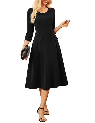 GRACE KARIN Damen Vintage Kleid Business Midikleid 3/4 Ärmel Freizeitkleid mit Reißverschluss Schwarz M