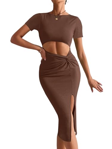 Image of Rooscier Women's Twist Cutout Waist Split Crewneck Short Sleeve Bodycon Midi Dress