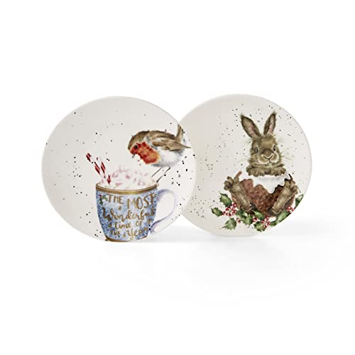 Royal Worcester Wrendale Deigns Lot de 2 assiettes festives Motif rouge-gorge et lapin 16 cm