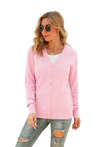 Viishow Women's V-Neck Button Down Knitwear Long Sleeve Soft Basic Knit Cardigan Sweater, Pink, Xx-Large #TOP1