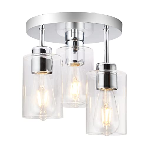Foucasal QLXDD0068C Semi Flush Mount Ceiling Light 3-Light Chrome Flush Mount Ceiling Light Fixtures With Clear Glass Shade, Modern Kitchen Ceiling Light For Bedroom Stairs Porch Hallway Entryway, E26 Socket thumb #7