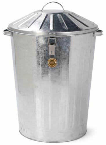 Muddy Hands 60 Litre Galvanised Metal Bin with Clasp Locking Lid - Heavy Duty Outdoor Dustbin Rust Resistant Steel Animal Proof Garden & Household Waste Bin