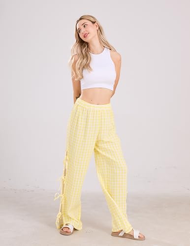 Image of codcm Womens Gingham Striped Wide Leg Pants Y2k Lounge Pants Lace Up Loose Trousers