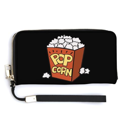 Popcorn Leather Wallet Fashion Bifold Purse Long Pouch with Wrist Strap for Men Women
