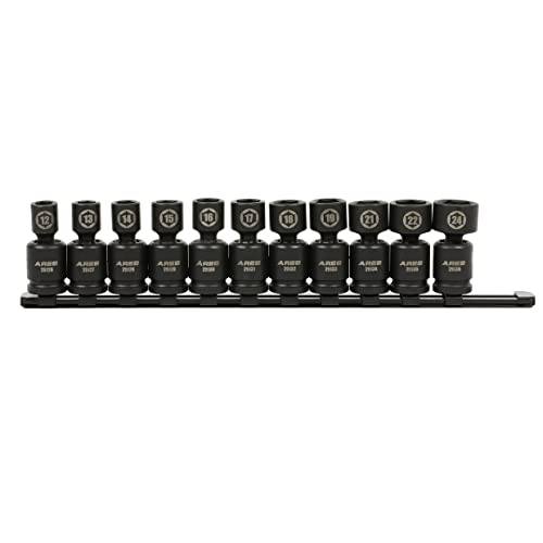 Image of ARES 25125 11-Piece 1 /2-Inch Drive Metric Pinless Swivel Impact Socket Set | Chrome-MolySteel, BlackPhosphateCoating, 360-Degree Swivel,Exceeds ANSIStandards, LimitedLifetime Warranty