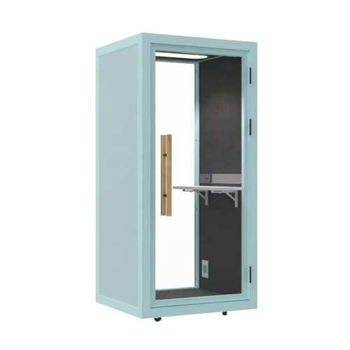 Electric Height Adjustable Office Pod Booth, Mobile Sound Proof Booth, Sound Pod with Wheels and Feet, Build-in Table Top, LED Lighting System, AC, USB Ports (Light grey Blue, W 40 x D 39 x H 91 Inch)