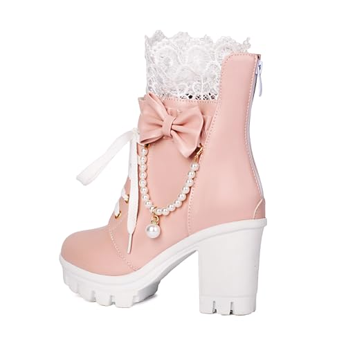 BEAUPAS Women's Platform Ankle Boots with Lace Pearl Chain Bow Chunky High Heel Goth Combat Boots4