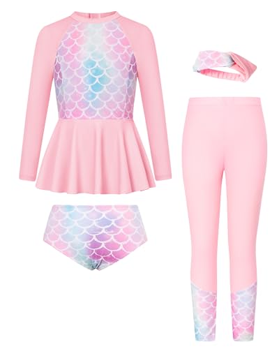 Image of GRACE KARIN Girls Long Sleeve Swimsuit Mermaid Bathing Suit Rash Guard Swimwear 4 Piece Size 5-12