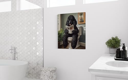 Image of Poodle Black on Toilet Wall Art Print Canvas Wrapped, Dog Bathroom Humor Decor Posters Prints for Restroom Home Picture Painting Artwork Gallery 7 (Poodle Black, 20 inchL x 16 inchW CANVAS, Wrapped Canvas)