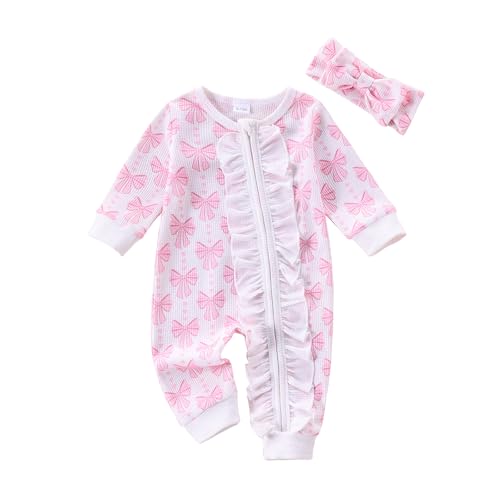 Image of Douhoow Fall Newborn Girl Clothes Cute Baby Girl Jumpsuit Zip Up Long Sleeve Baby Waffle Romper With Headband