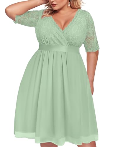 Image of Pinup Fashion Plus Size Lace Chiffon Wrap V Neck Dresses Women Cocktail Wedding Guest Midi Dress
