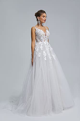 Image of Spaghetti Chiffon Beach Wedding Dress V Neck A line Bridal Gowns Lace Plus Size Wedding Dress