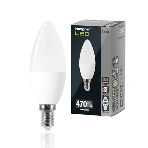 Integral LED E14 Blanco Frío 4000K, 470LM, 4,2W (equivalente a 40W) Bombilla Mate Tipo Vela No Regulable - Paquete de 4 - Eficiencia energética - para lámparas en salones, comedores y dormitorios