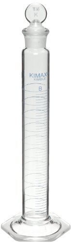 Image of Kimax 20040-1000 Glass 1L, + /- 5.0mL Tolerance, Class B Single Metric Blue Scale Mixing Cylinder, with Glass Stopper (Case of 4)