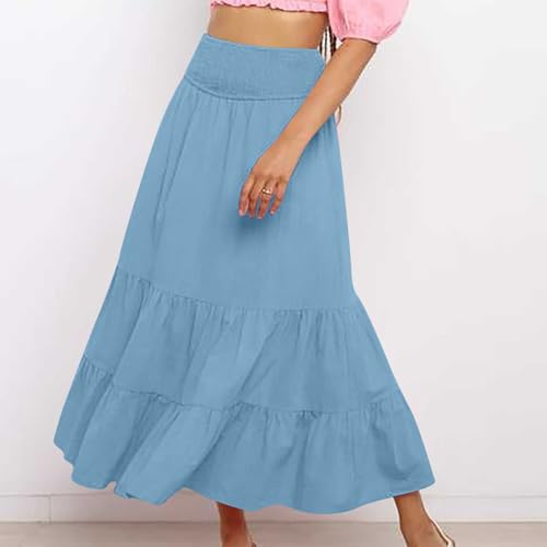 Women Summer Midi Skirt Casual Elastic High Waist Pleated A-Line Solid Flowy Swing Tiered Beach Vacation Skirts3
