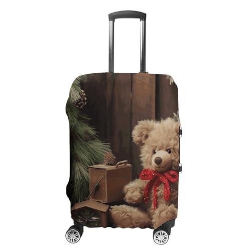 Xmas Tree Branch Bear Doll Luggage Cover, Washable Elastic Suitcase Cover Protector Fit 18-32 Inch Luggage