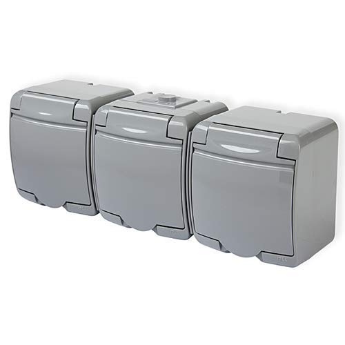 Surface-Mounted Grey Switch Double Switch Socket IP44 Wet Room Schuko (Socket 3-Way), graphitegray, Steckdose 3-Fach