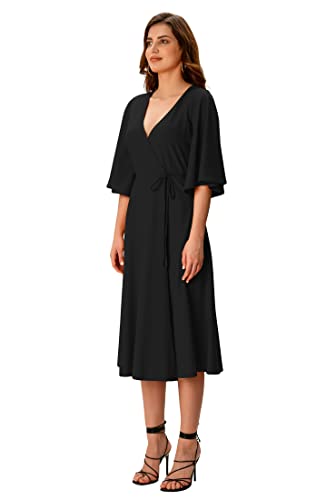 Eshakti Women's Flutter Sleeve Cotton Jersey Wrap Dress 1X-18W Black #TOP2