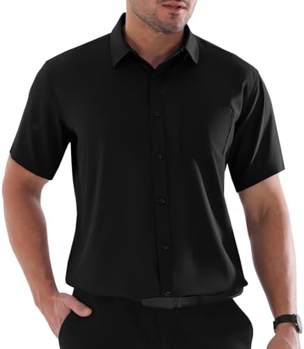 BEFRIED Dress Shirts for Men Big and Tall (Size XL Big-6XL Big Tall) Button Down Short Sleeve Black Shirts Business Casual Collared Shirt with Pocket