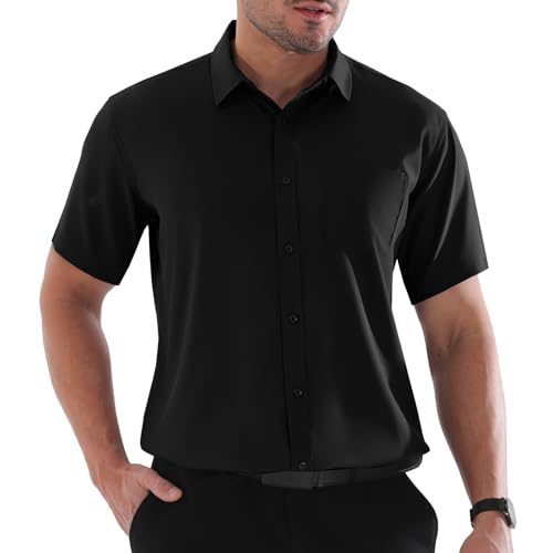 BEFRIED Dress Shirts for Men Big and Tall (Size XL Big-6XL Big Tall) Button Down Short Sleeve Black Shirts Business Casual Collared Shirt with Pocket
