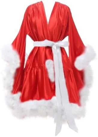 Changuan Women's Feather Robe Silk Satin Fur Bridal Robe Short Dressing Gown Bathrobe Lingerie Nightgown Sleepwear