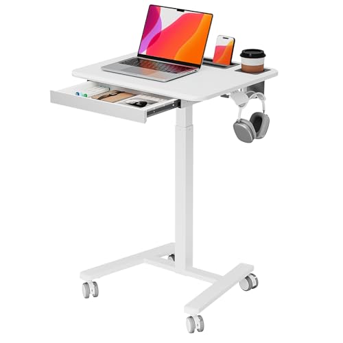 Image of Small Mobile Standing Desk with Drawer, 23.6 inchx19.7 inch Rolling Laptop Cart on Wheels, Height Adjustable Sit Stand Computer Workstation with Storage for Compact Space, White