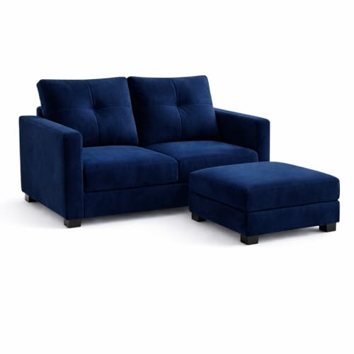 Image of FURNY Heritage 2 Seater Fabric Sofa Set with 1 Ottoman (Dark Blue) with Velvet Finish | Durable Comfort | Ideal for Living Room