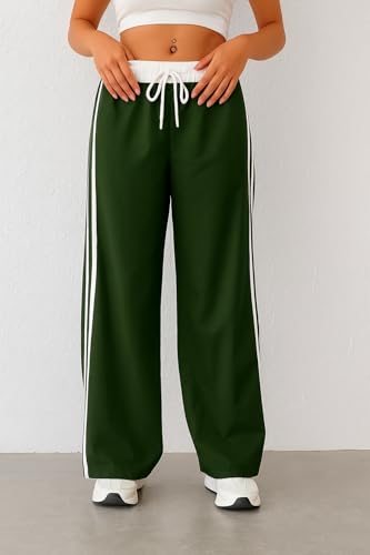 Image of SAKHWALA Women Track Pant | Women's Wide Leg Track Pants High Waist Drawstring Sweatpants with Side Stripes, Casual Loose Fit Lounge Joggers, White