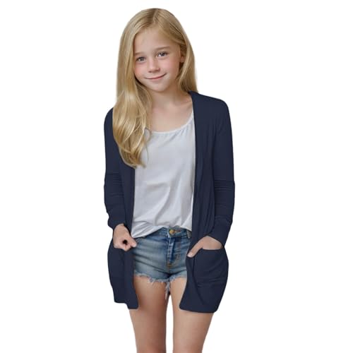 RKSTN Kids Girls Cardigan Open Front Casual Coats Thin Outwear Air Conditioner Cover Up with Pockets Age 5-14 Years