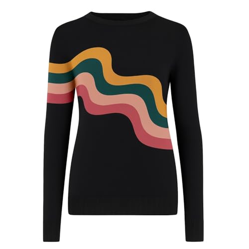 Women's Knit Long Sleeve T-Shirts, 1960s Retro Colorful Wavy Stripes Crewneck Casual Knitted Tops Black
