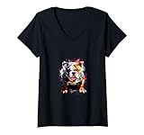 Photo Gallery donna colorato bulldog inglese acquerello splash art maglietta con collo a v Photo Gallery donna colorato bulldog inglese acquerello splash art maglietta con collo a v