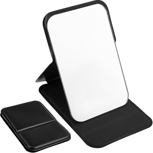 Espelho compacto para bolsas, pequeno espelho de maquiagem de viagem de 10,5 cm, mini espelho dobrável de poliuretano, em pé e portátil, portátil para bolso, preto