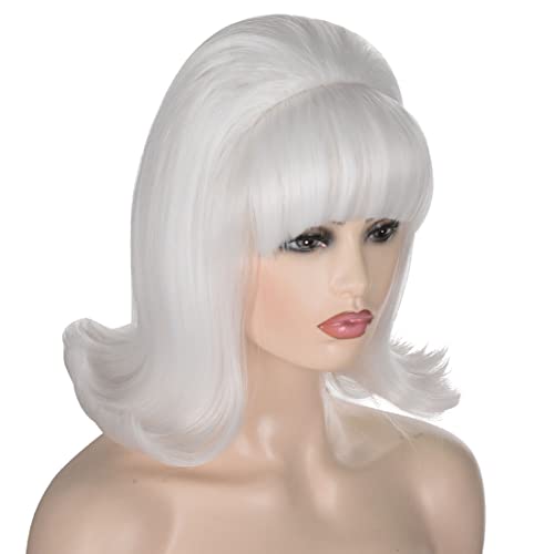 ATAYOU Vintage White Bouffant Beehive Wig with Pearl Headband, 60s Retro Halloween Cosplay Wig with Bang, White 719, 12'' - Image 3