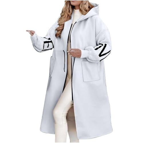 Women's Hooded Long Sleeve Knitted Sleeves Patchwork Casual Jacket Winter Letter Zip Up Mid Long Overcoat Pockets