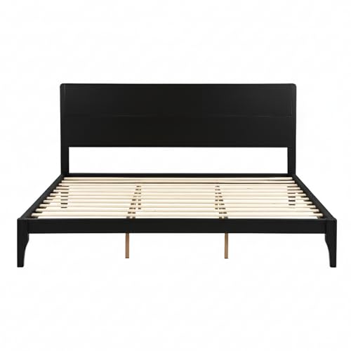 Image of Merax King Size Bamboo Platform Bed Frame with Tall Headboard, Black | Mid-Century Modern Solid Sustainable Bedframe King-Size, Wood Slat Support, No Box Spring Needed, Easy Assembly, Noise Free