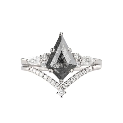 1.0 ct Kite Shaped Natural Salt And Pepper Diamond Ring Vintage Bridal Sets Wedding Rings S925 10K 14K 18K Rose White Yellow Gold Natural Herkimer Diamond Rings Set For Women